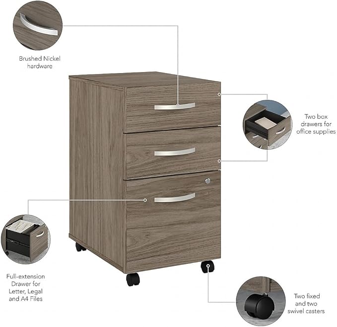Bush Business Furniture Studio C L Shaped Desk with Mobile File Cabinet and Return, 60W x 30D, Modern Hickory