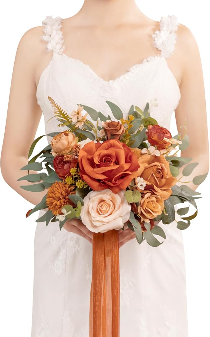TINGE TIME Wedding Bouquets for Bride, 9 Inch Handcrafted Silk Bridal Flowers Bouquets for Fall Wedding Ceremony, Gift for Bridesmaid, Bouquet for Party Church Decoration (Brunt Orange)