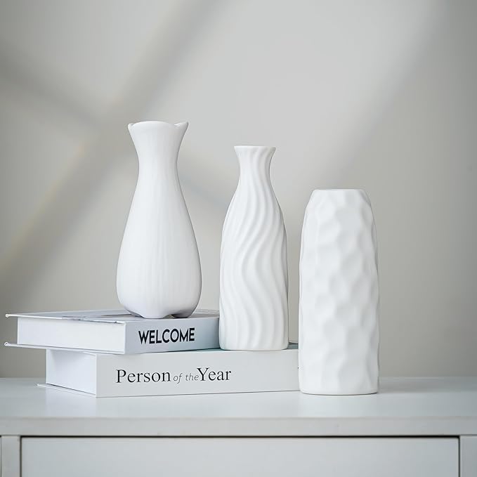 White Ceramic Vase Set Home Decor – Farmhouse & Boho Decorative Vase Set for Kitchen, Living Room, Bedroom, Office, Bookshelf Decor, Bathroom, Centerpiece Table Decor