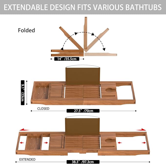 Teak Bathtub Caddy Tray for Tub, Foldable Luxury Bath Table Tray with Book and Wine Glass Holder, Expandable Bathroom Accessories for Spa or Reading