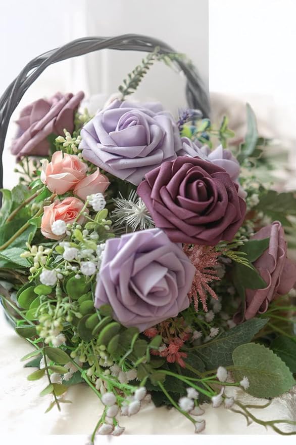 Purple Artificial Roses 25pcs, Real Looking Fake Foam Flowers with Stems for DIY Wedding Bouquets, Centerpieces, Bridal Shower, Party, Valentine's Day Decoration