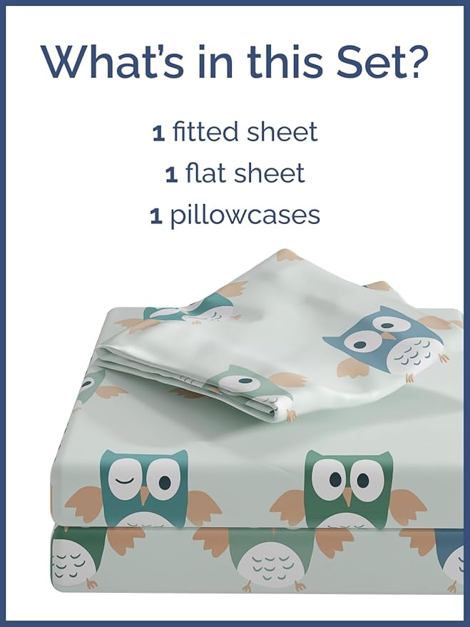 Kids Owls Twin 3 Piece Sheet Set - Boys, Girls, Teens, Toddler - Easy Fit, Deep Pockets - Breathable, Hotel Quality Bedding Sheets - Machine Washable & Wrinkle Free - Cute, Cozy & Soft - CGK Linens