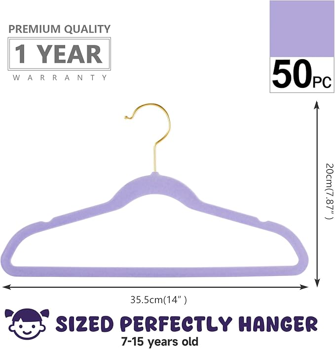 MIZGI Kids Velvet Hangers,Non-Slip Big Kids Hangers,14 Inch Hangers for Youth,Teen Clothes,Pack of 50