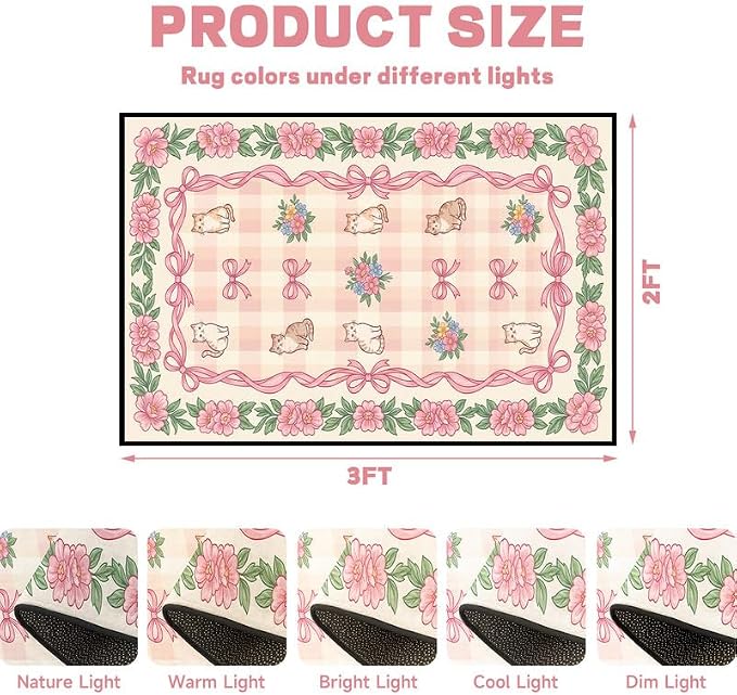 2'x3' Cat Floral Area Rug Pink Bow Flower Carpet Washable Rug Cute Cartoon Boho Floor Mat for Entryway Bedroom Living Room Nursery Playroom Classroom Home Decor