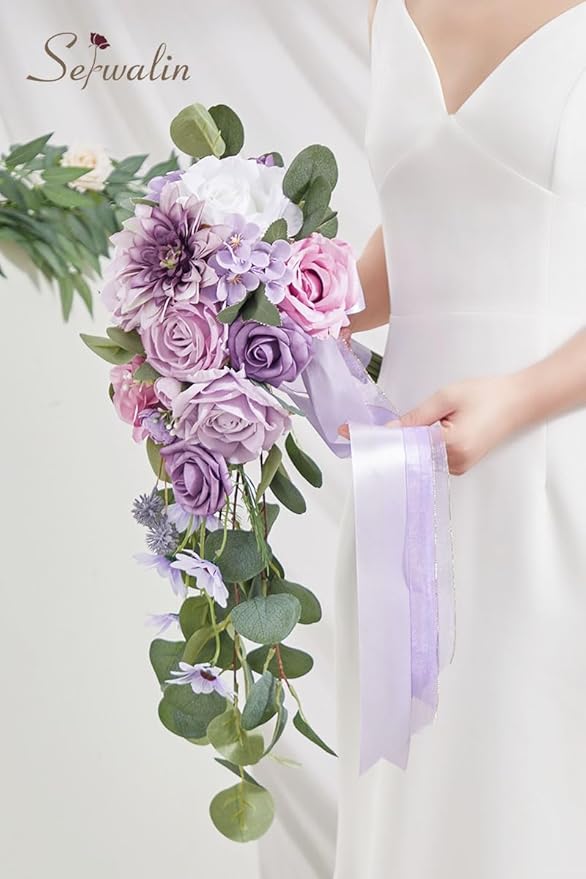 Serwalin 9.8 Inch Wedding Bouquets for Bride Bridesmaid, Purple Dahlia Bridal Bouquets for Bride, Wedding Flowers Bouquet Tossing Bouquet, Wedding Ceremony and Anniversary Decoration