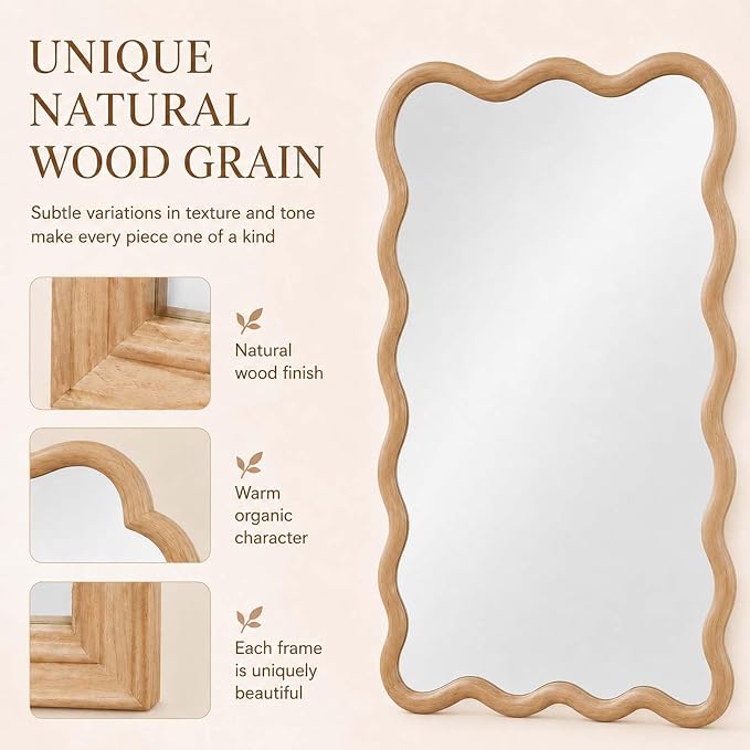 Majnesvon 20x30 Inch Asymmetrical Wall Mirror Wood,Rustic Irregular Shaped Vanity Mirror for Bathroom,Bedroom, Living Room, Entryway, Fireplace,Wall Decor,Solid Wooden Frame (Oak - 1, 20"x30" Inch)