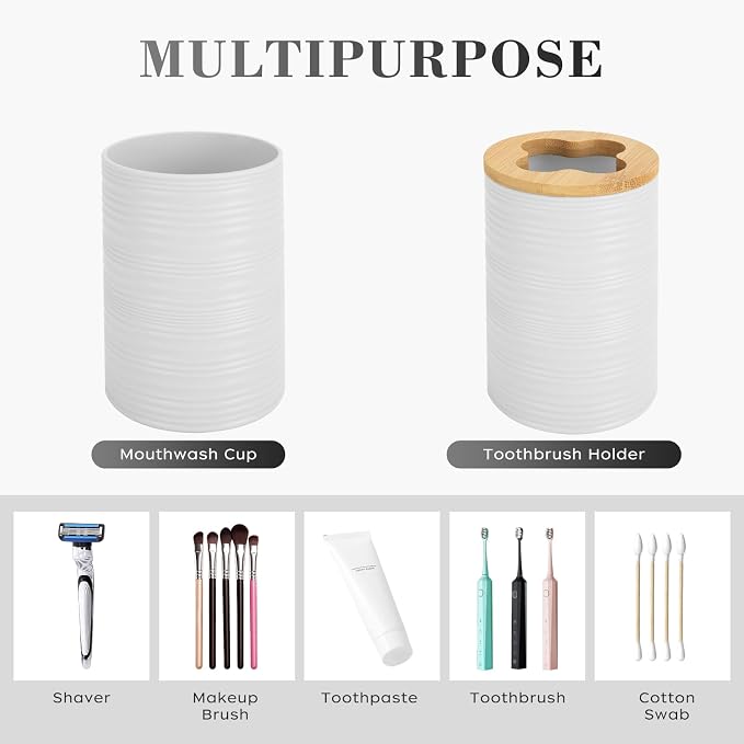 4 PCS White Bathroom Accessories Set, Includes a Soap Dispenser, Toothbrush Holder, Soap Dish and Mouthwash Cup, Plastics & Bamboo Bathroom Set, Bohemian Style Bathroom Sink Set