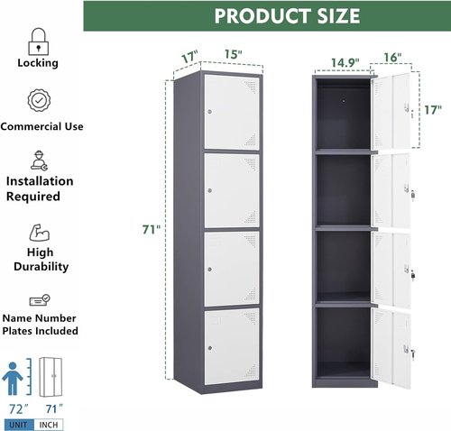 BYNSOE Metal 4-Door Locker - Durable Employee Storage Cabinet for School, Gym, Hospital | Grey & White