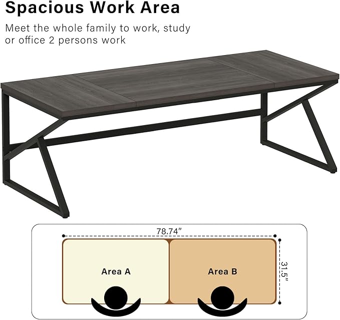 HSH Extra Long Home Office Desk, Industrial Metal Wood Computer Desk, Large PC Laptop Table for Two Person Executive Writing Work Study Gaming, Bedroom Living Room Dual Monitor Desk, Dark Gray,78 Inch