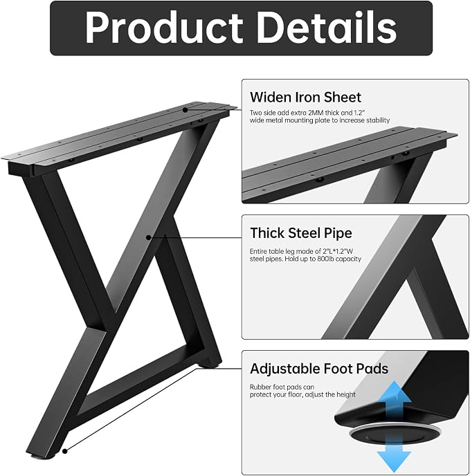 TOCRETOARE Metal Table Legs Heavy Duty, 28”H x 35”W, Metal Furniture Legs for Dining Desk Bench and Coffee Table, Industrial Black DIY Iron Bench Legs, Set of 2