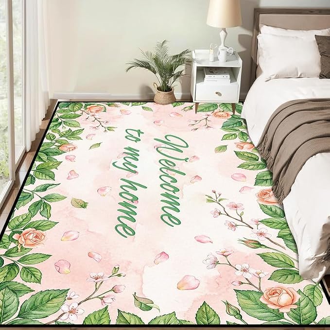 Welcome Rug Floral Area Rug for Entryway Bedroom Living Room Nursery Playroom Classroom Home Decor Pink Rose Green Leaf Carpet Non-Slip Washable Floor Mat,2'x3'