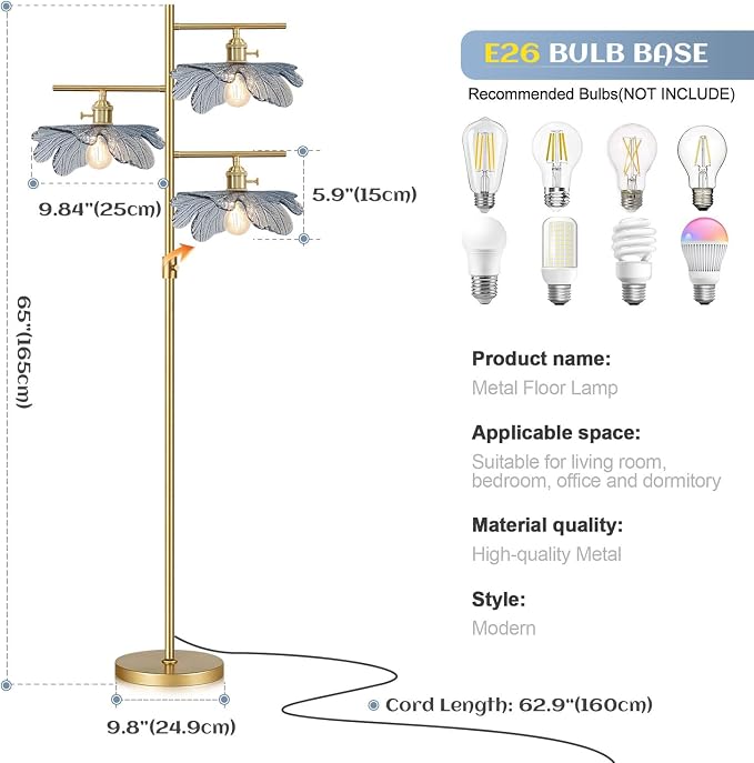 Gold Dimmable floor lamp ,tall lamp for living room corner ,mid century modern floor lamp Brass Tree Lamp Blue Glass Shade ,Standing Lamps vintage retro floor light for Bedroom corner Study Office
