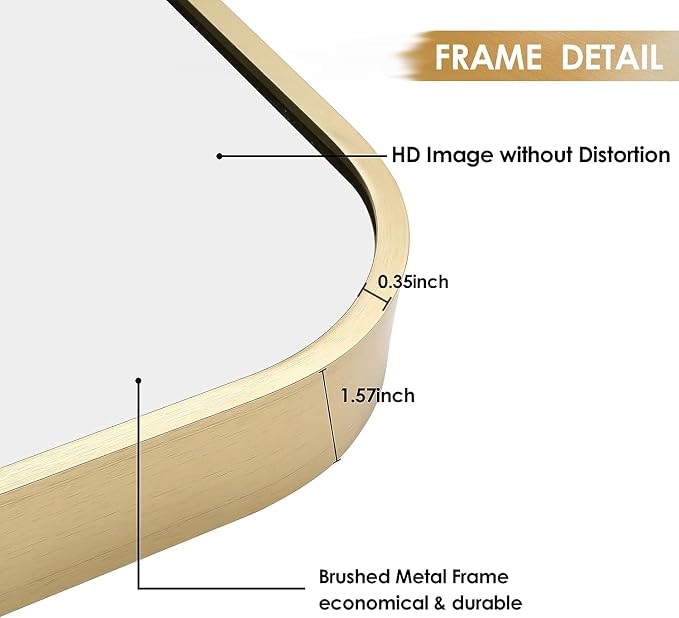 20x28 Inch Gold Bathroom Mirror, Brushed Brass Gold Metal Framed Rectangular Mirror with Rounded Corner, Bathroom Vanity Mirror for Bedroom or Living Room, Horizontal/Vertical