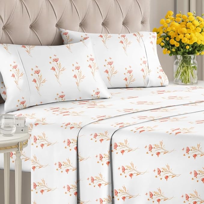 Floral Sheets - Pink Floral Butterfly Bed Sheet Set - 1 Flat & 1 Fitted & 2 Pillowcases w/ Deep Pockets - Wrinkle & Fade Free - Boho Botanical Bedding - Soft, Breathable and Cooling - Full Size New