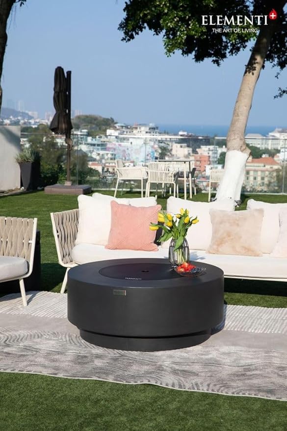 Elementi+ | Bundle Nimes Gas Fire Pit Cast Concrete 40" Dia. Round Fire Table, Outdoor Fire Pit Electronic Ignition | Canvas Cover, Fire Glass and Burner Lid Included | Dark Gray | Propane Gas