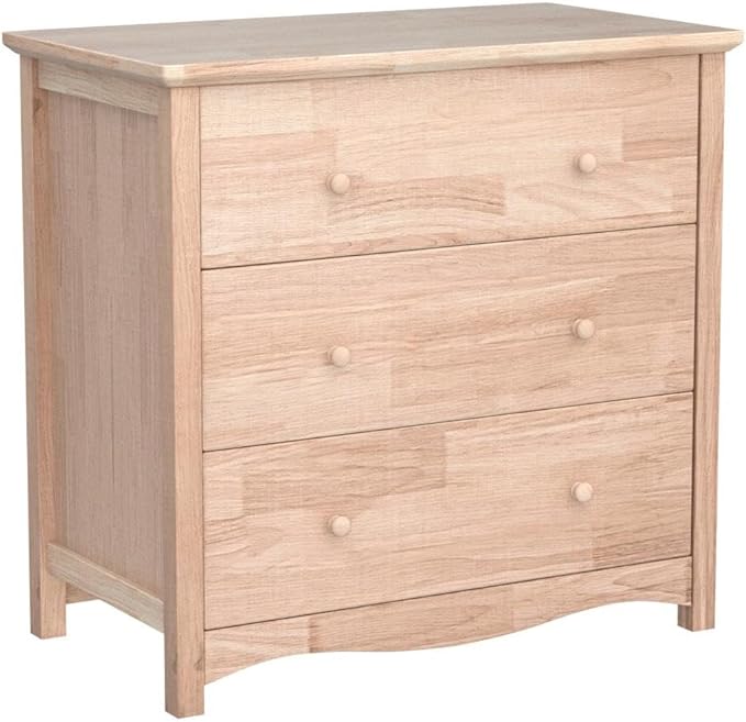 VINGLI Unfinished Solid Wood Dresser Color DIY, 3 Drawer Dresser for Bedroom, Natural Rubber Wood Chest of Drawers, Baby Dressers for Bedroom, Nursery, 17.7" D x 31.5" W x 29.9" H