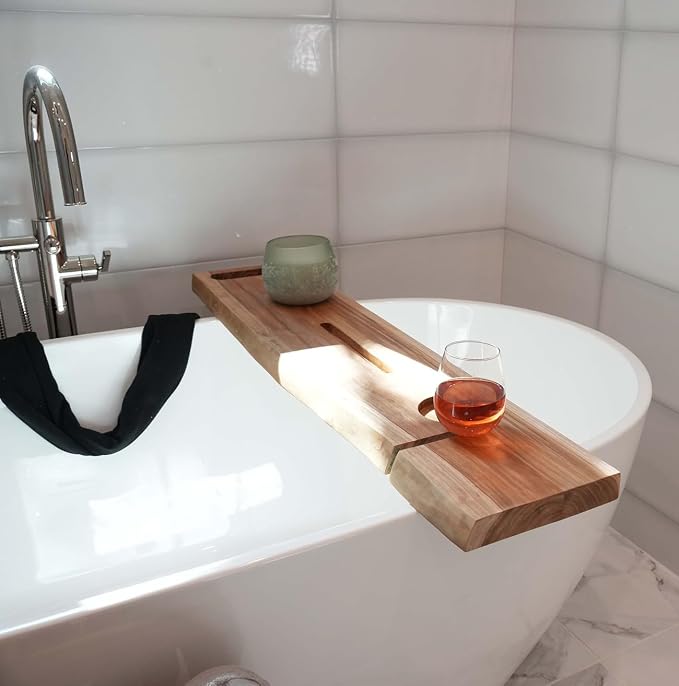 EcoDecors Eleganto 50" Live Edge Solid Teak Bath Caddy Tray with Handle, Book & Tablet Holder, Wine Glass Holders, Luxury Bathtub Tray