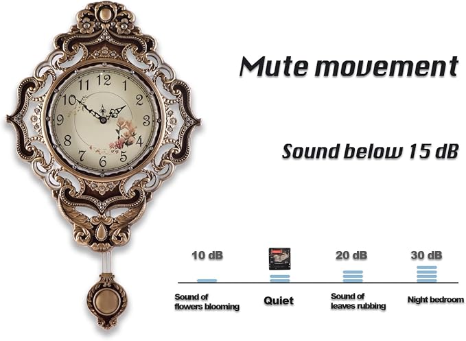 Aero Snail Retro Wall Clock with Pendulum, European Victoria Mid Century Style, Battery Operated Large Metal Silent Clock for Living Bedroom Wall Vintage Decor - Brown