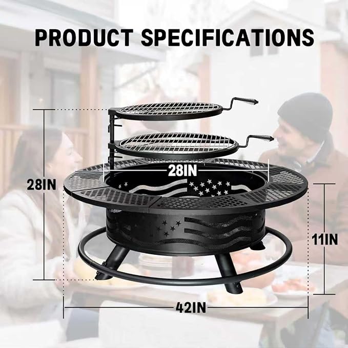 Panovue 42 Inch Fire Pit with 2 Cooking Grates, Outdoor Wood Burning BBQ Grill Firepit Bowl with Cover Lid, Steel Round Table for Backyard Bonfire Patio Picnic (Black, 42)