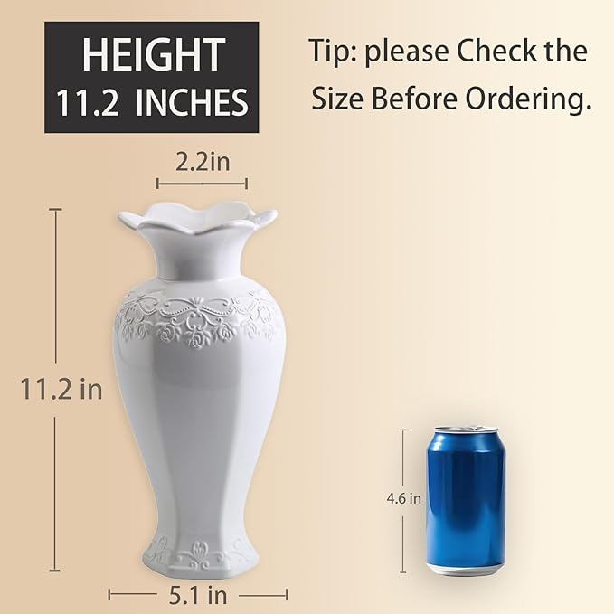 Relievo Elegant White Cream 8in 11in Ceramic Flower Tall Aesthetic Beige Table Tulip Wide Mouth Rose Filler Decorative Rustic Vase Decor for Home (White Vase, L)