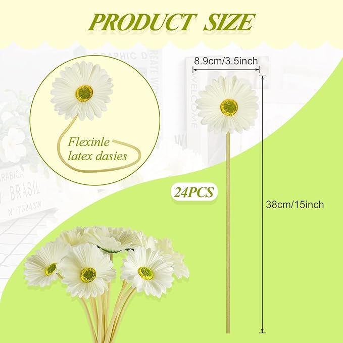WILLBOND 24 Pieces Artificial Gerbera Daisies Flowers Fake Daisy Faux Boho Daisy Flowers Bouquet 15 in for Boho Birthday Decorations Wedding Home Decor (White)