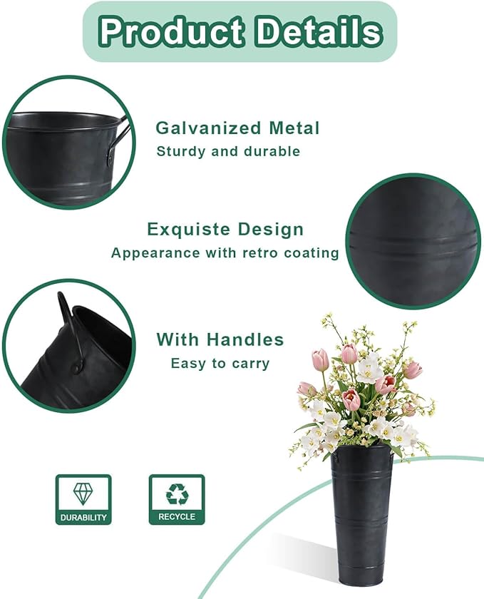 9 Inch Galvanized Metal Vases for Flowers - 2 Pcs Farmhouse Decorative Tall Flower Bucket with Handles, Rustic French Tin Planter Buckets for Wedding Decor (Galvanized Black)