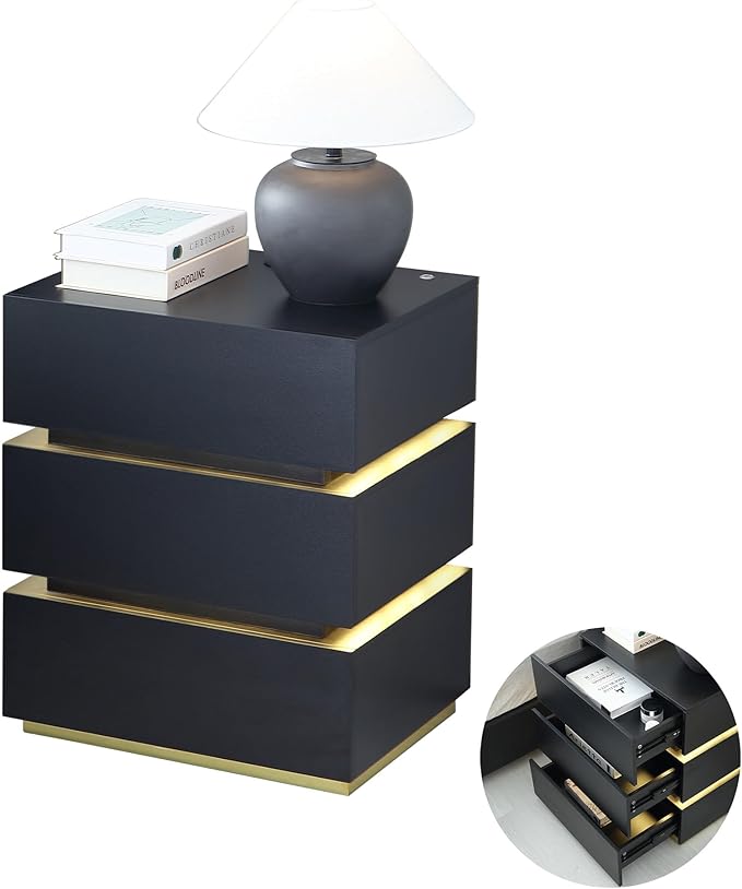 Black Nightstand, LED Bedside Table with 3 Storage Drawers, Modern End Table with Charging Ports & Outlets, Bedside Tables for Living Room/Bedroom