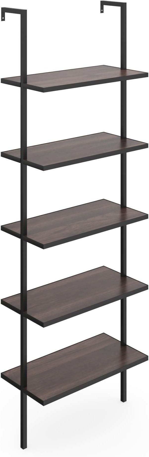 Nathan James Theo 5-Shelf Wood Modern Bookcase, Open Wall Mount Ladder Bookshelf with Industrial Metal Frame, Walnut Brown/Black, Set of 2