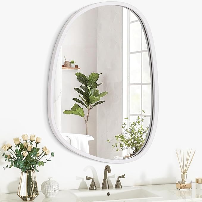 Asymmetrical Hanging Mirrors Irregular Wall Mirror White Wooden Framed Oval Mirrors for Wall Decorative Small Vanity Wall Mounted Mirror for Home Living Room Bedroom Hallway Entryway