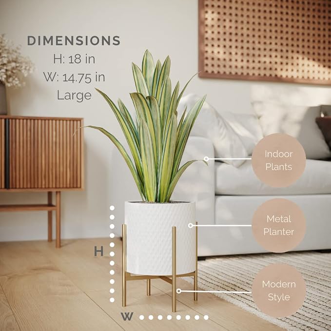 EverNest Claire Mid-Century Modern White Planter and Stand, Indoor Plant Pot, SelectBase, Minimalist Aesthetic, Home Decor for Plants - (Gold Base, Large)