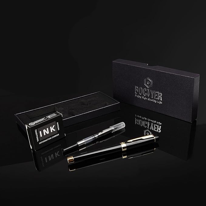 BOCIYER Fountain Pen with Fine Nib & Black Ink, Refillable & Elegant Bent Nib Design, Calligraphy Pens for Writing, Best Fountain Pen for Smooth & Fancy Writing (Black)