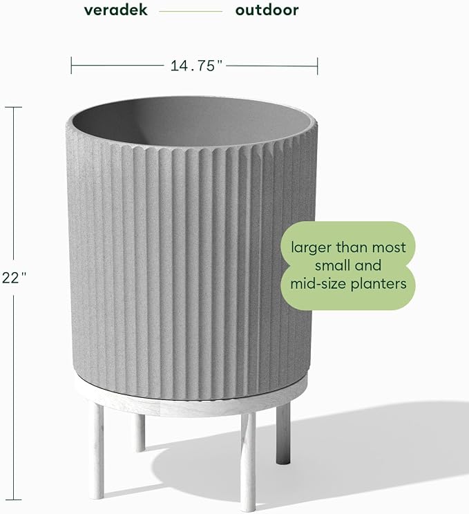 Veradek Demi Series Round Planter w/Stand for Porch/Patio | Durable Plastic-Stone Composite & Wooden Stand | Modern Décor for Tall Plants, Flowers