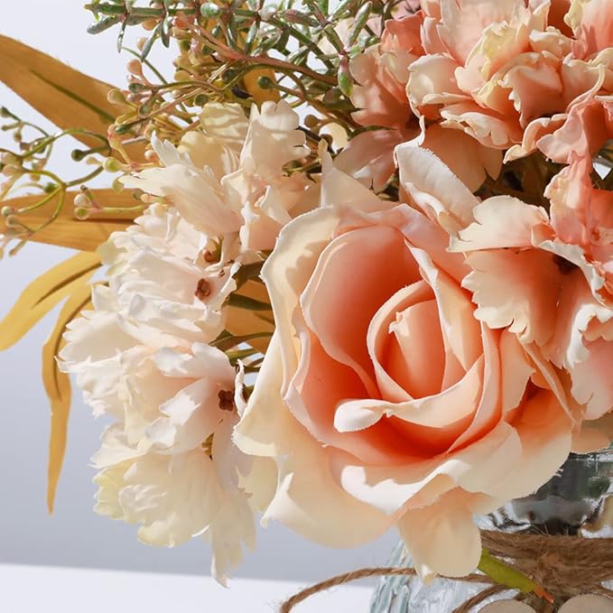 Silk Rose Flowers in Vase, Artificial Flowers Arrangement with Glass Vase Faux Hydrangea Rose for Decoration Table Centerpiece (Hydrangea Rose Pink)