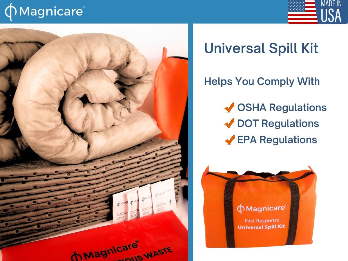 Universal Spill Kit - OSHA Approved Biohazard Cleanup for Oil, Water & Chemicals | 15 Absorbent Pads, 2 Socks, PPE in Bright Orange Duffel Bag