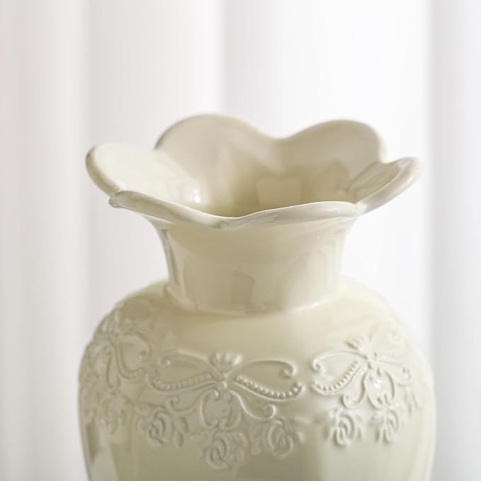 Relievo Elegant White Cream 8in 11in Ceramic Flower Tall Aesthetic Beige Table Tulip Wide Mouth Rose Filler Decorative Rustic Vase Decor for Home (Cream Vase, L)