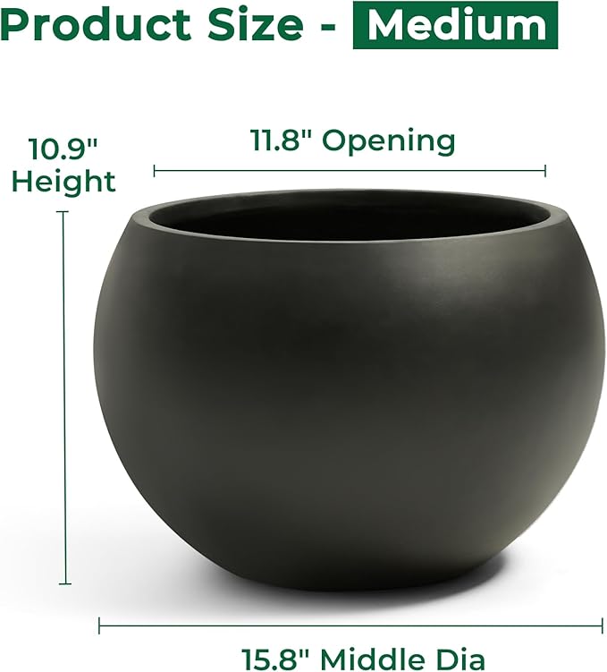 Fiberstone Sphere Planter, Black 15.8" Dia Round Flower Pot with Drainage Hole and Removable Plug, Round Plant Pot for Indoor Outdoor Use, 11.8" Opening-10.9" H, Medium