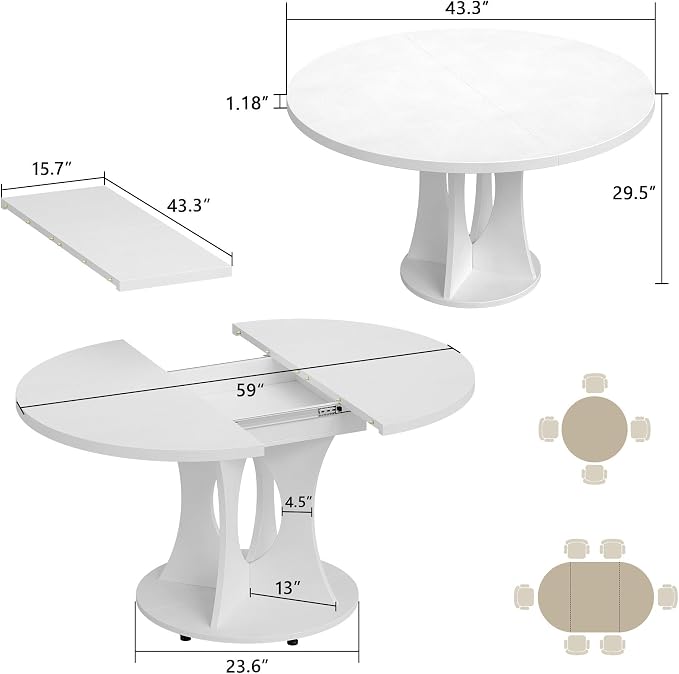 Einhomn 43-59" Extendable Round Dining Table, Kitchen Table for 4-8, Farmhouse Circle Dining Room Table with Removable Leaves, Hidden Storage, Space Saving Wood Kitchen & Dining Room Furniture, White
