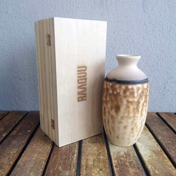 RAAQUU Koban 7 inch Raku Ceramic Clay Pottery Vase with Gift Box Corporate Gift in a Pine Box -Personalized Rustic Boho Handmade Gift in Obvara