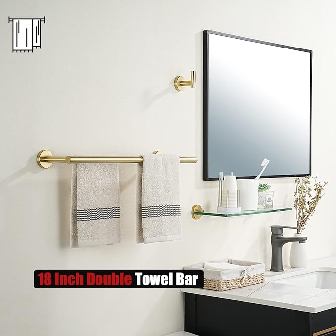 JQK Gold Double Towel Bar, 20.5 Inch 304 Stainless Steel Thicken 0.8mm Towel Rack Bathroom, Towel Holder Brushed Gold Wall Mount, Useable Length 18 Inch 2 Pack, TB100L18-BG-P2