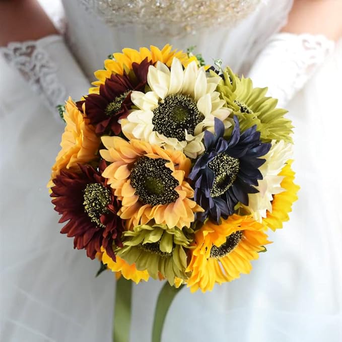 Multicolor Artificial Sunflower Flowers Long Stem Large Silk Sunflowers Bridal Wedding Bouquet 6pcs Fake Yellow Flower Arrangements for Outdoor