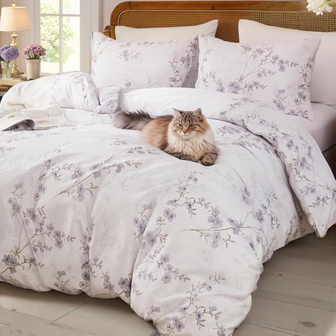 Floral Duvet Cover Queen Size - 100% Nature Cotton Reversible Grayish Flower Bedding Set with Zipper Closure, 3 Pieces Soft & Breathable Beige Comforter Cover