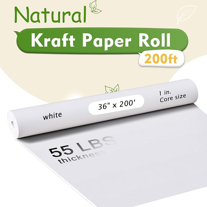 BAIJIALI 36" x 2,400" (200') Kraft Paper Roll for Craft Bulletin Board Paper Art Table Covering Crafting Gift Wrapping Bouquet Packing Parcel (White, 36''x200')