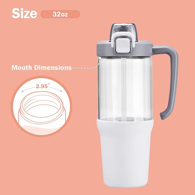 32oz Glass Water Bottle, 2-in-1 Straw and Sip Spout Lid, Leakproof Wide Mouth Tumbler with Handle, BPA-Free Reusable Bottle for Sports, Office, Outdoor, White