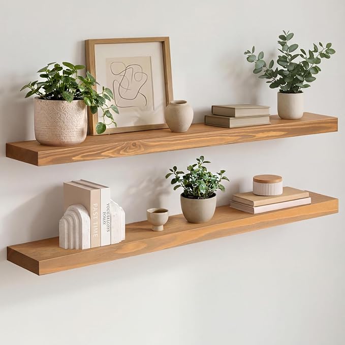 Homeforia 36 inch Golden Oak Floating Shelf, High End Solid Real Wood 36inch Small Floating Shelves for Wall Mounted, Oak Wooden 36in Floating Shelves, Heavy Duty Bracket, 36 X 6.5 X 1.75 in, Set of 4
