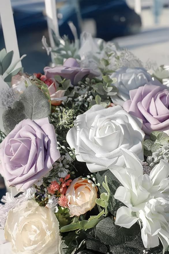 Ivory White Artificial Roses 25pcs, Real Looking Fake Foam Flowers with Stems for DIY Wedding Bridal Bouquets, Centerpieces, Party, Baby Shower, Christmas Decor