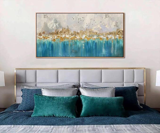 Arjun Framed Abstract Wall Art for Living Room Gold Blue Textured Canvas Art Wall Decor Bedroom Painting, Modern Picture Grey Mountain Artwork Home Office Wall Decoration, Large 40"x20"