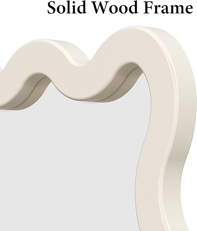 22"x30" White Wavy Wall Mirror for Vanity, Cream Solid Wood Irregular Mirror for Bedroom, Cute Squiggle Mirror for Aesthetic Decor, Small Asymmetrical Curvy Frame