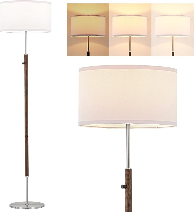 ELYONA Dimmable Floor Lamp Walnut Wood Grain & Brushed Nickel Standing Lamp Mid Century Modern Coner Pole Lamp with White Fabric Shade & Rotary Switch for Living Room Bedroom Office,LED Bulb Included