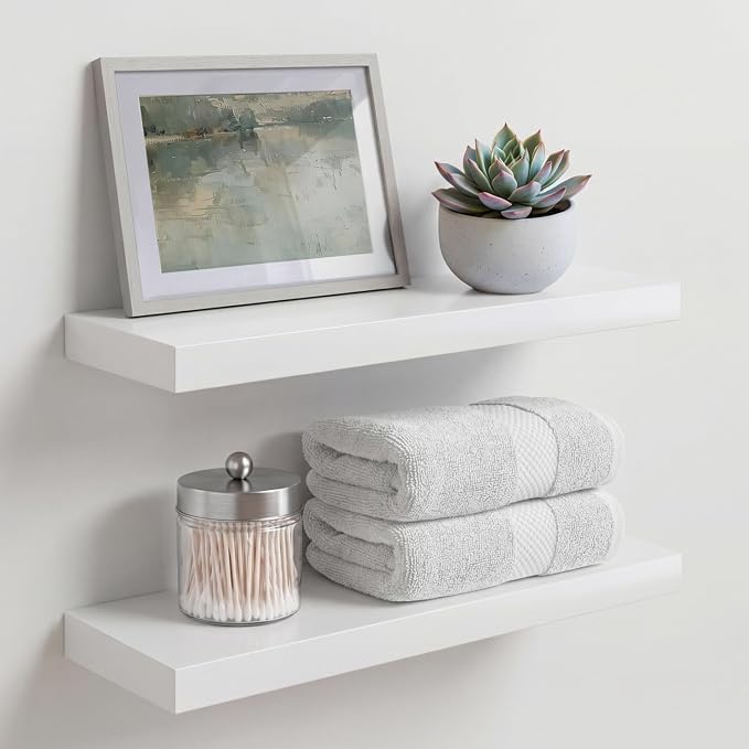 Homeforia White Floating Shelf 18 inch, High End Solid Real Wood 18inch Bathroom Floating Shelves for Wall Mounted, White Wooden 18in Floating Shelves, Heavy Duty Bracket, 18 X 6.5 X 1.75 in, Set of 3