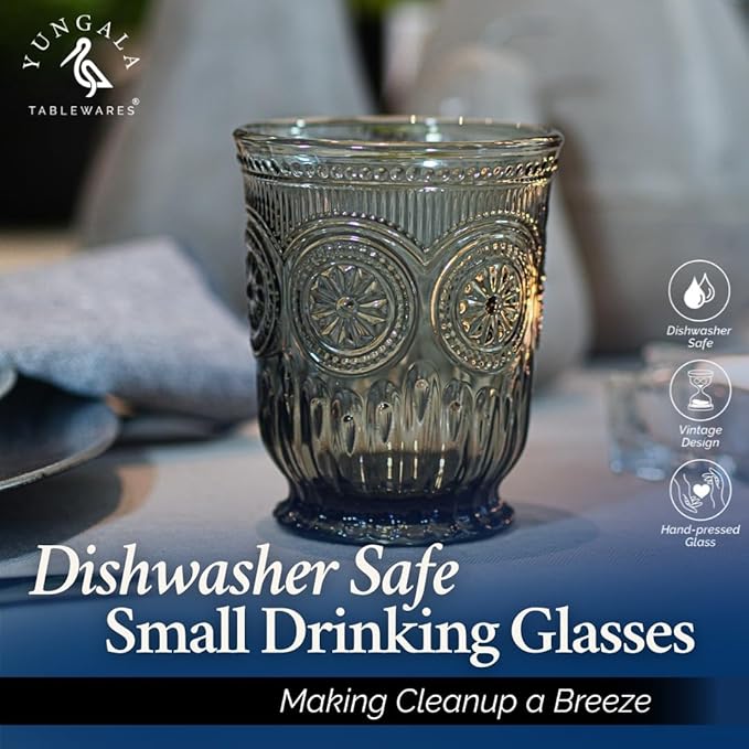 Black Glassware set of 6 smoke drinking glasses, 8 oz water glasses textured colored vintage glass cups dishwasher safe